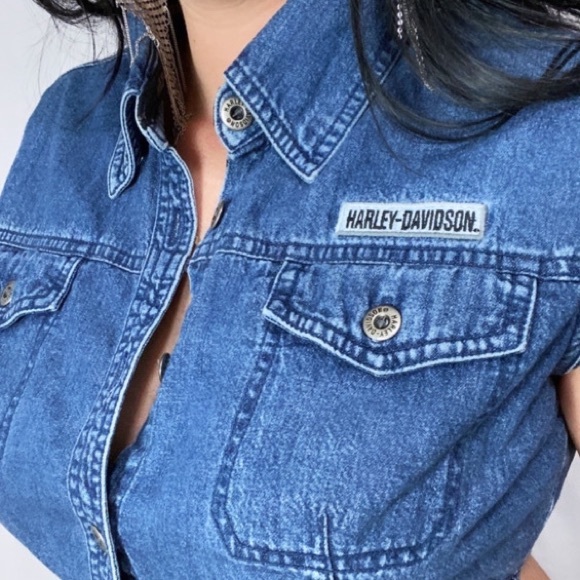 VINTAGE HARLEY DAVIDSON DENIM EMBROIDERED CROP TOP - Picture 3 of 6